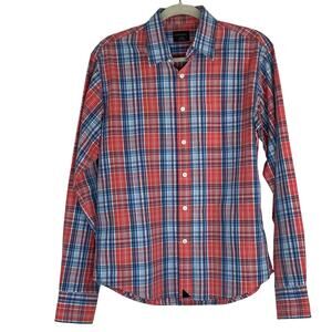 Untuckit Men's Small button up long sleeve blue peach plaid career shirt